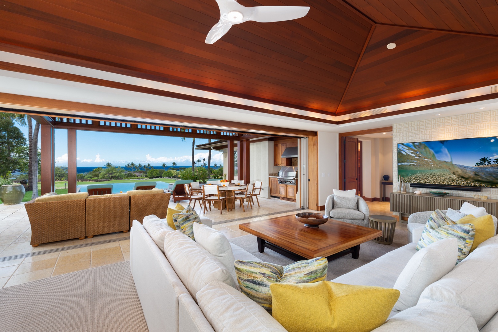 Kailua Kona Vacation Rentals, 4BD Hainoa Estate (102) at Hualalai Resort - The capacious great room offers a 75in Smart TV & beautiful vaulted ceilings