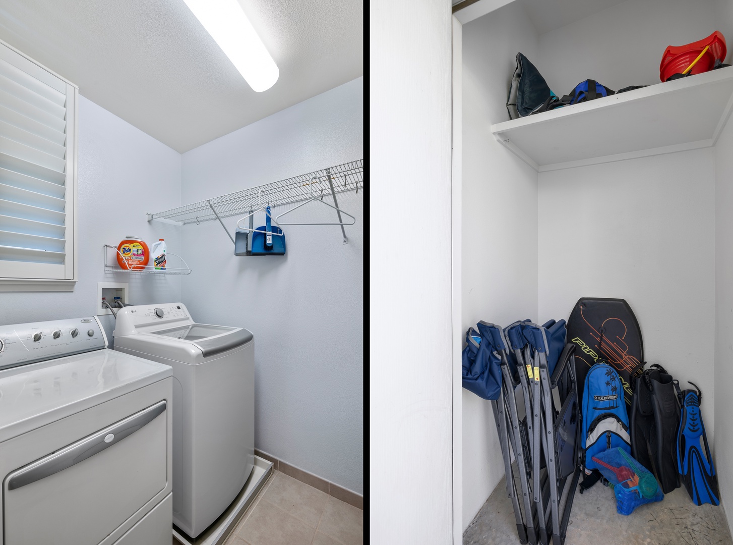 Convenient laundry and storage area keeps your gear organized with dedicated space for beach equipment and diving gear alongside full-size washer and dryer.