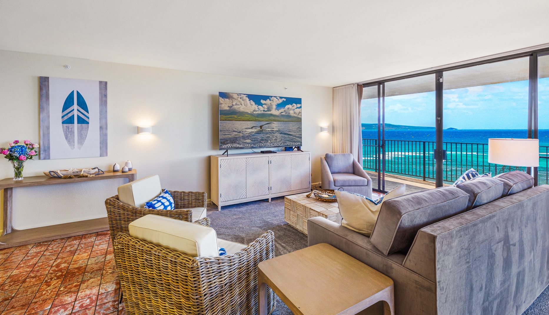 Lahaina Vacation Rentals, Kaanapali Shores 502 - The living room offers a comfortable space to relax with ample seating and stunning ocean views right outside the sliding glass doors