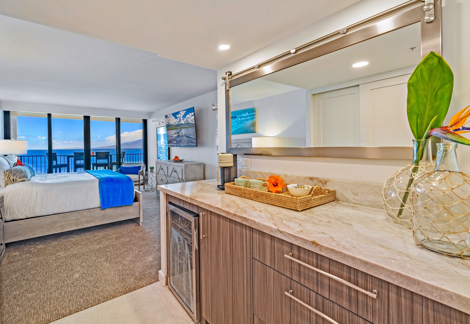 Lahaina Vacation Rentals, Kaanapali Shores 702 - Kaanapali Shores 702's bedroom includes storage and a beverage fridge for easy living.
