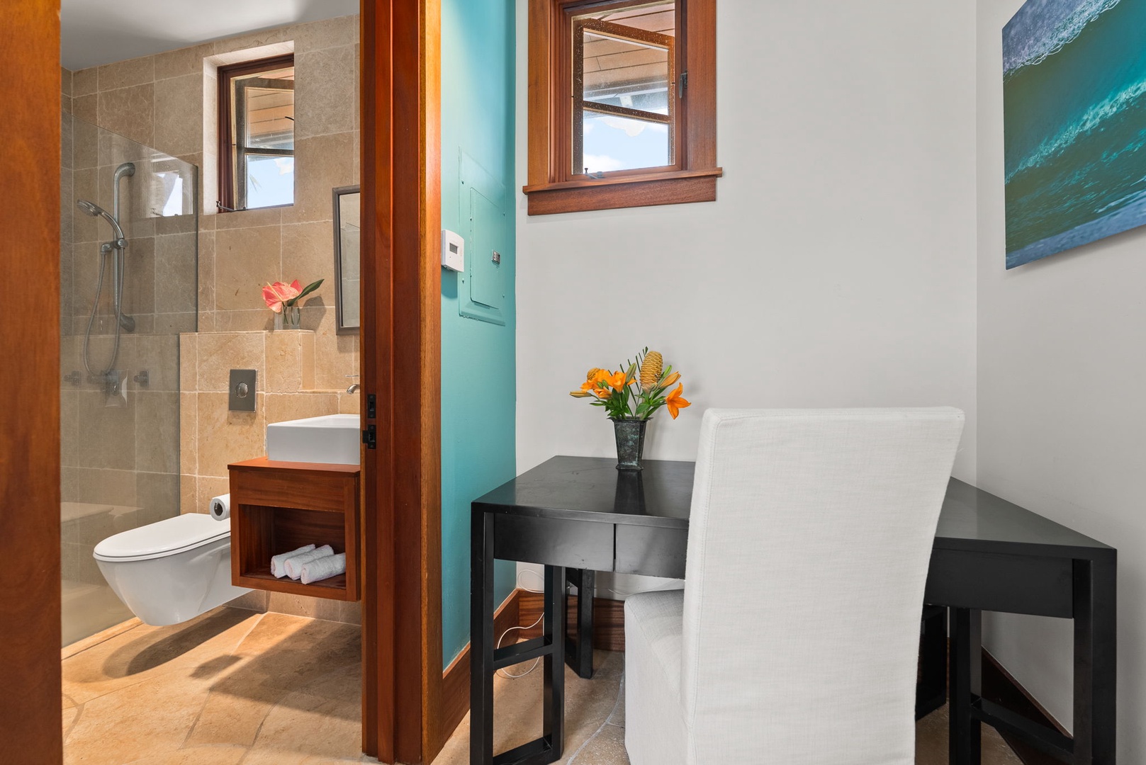 Kailua Vacation Rentals, Kailua Sands - Pool house bathroom with vanity and walk-in shower.