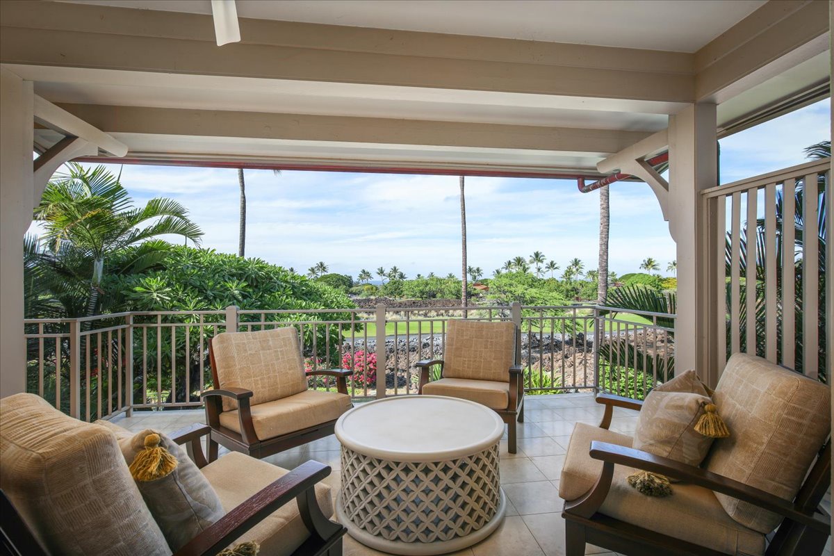 Kailua Kona Vacation Rentals, 3BD Ka'ulu Villa (129B) at Hualalai Resort - Enjoy your morning coffee on the lanai with golf views!