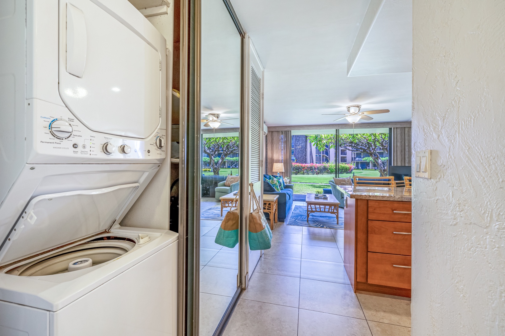 Lahaina Vacation Rentals, Papakea K-105 - The unit includes a convenient in-suite washer and dryer, allowing you to keep up with laundry while enjoying the spacious living area and garden views.