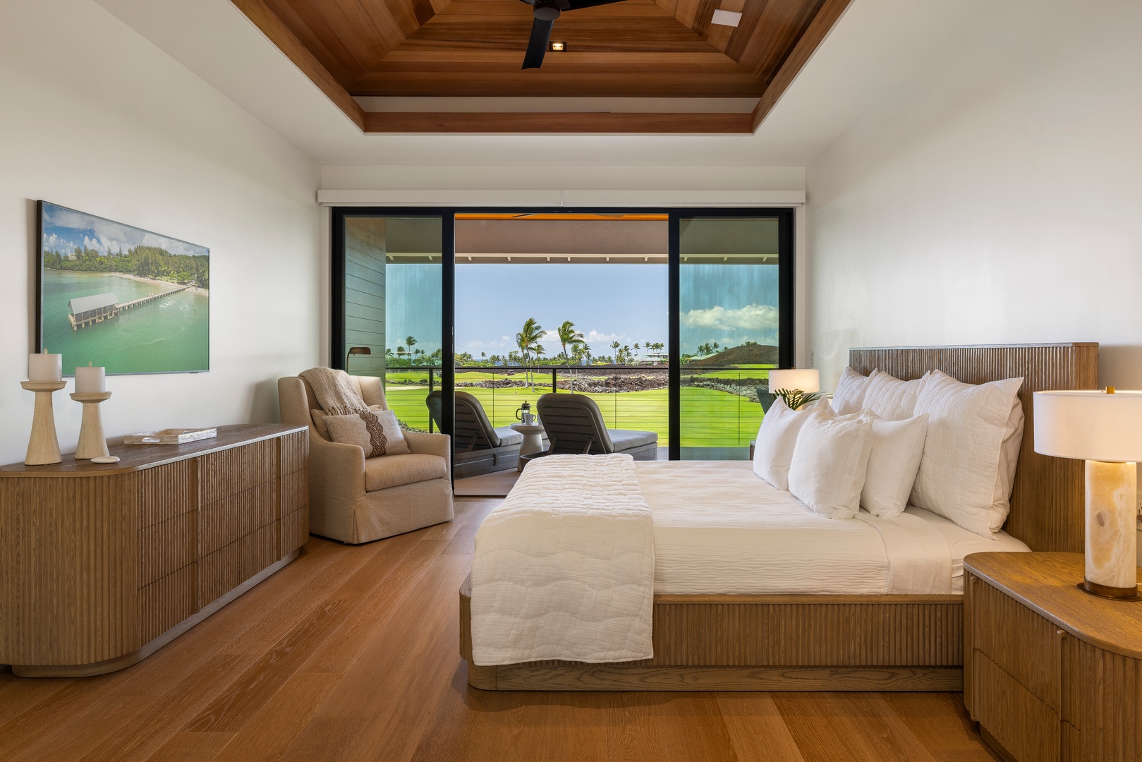 Kamuela Vacation Rentals, 6BD Mauna Lani Lux Golf Estate (5) at One Ocean - Upstairs Primary Suite (Bedroom #1) opening onto its own length of lanai.