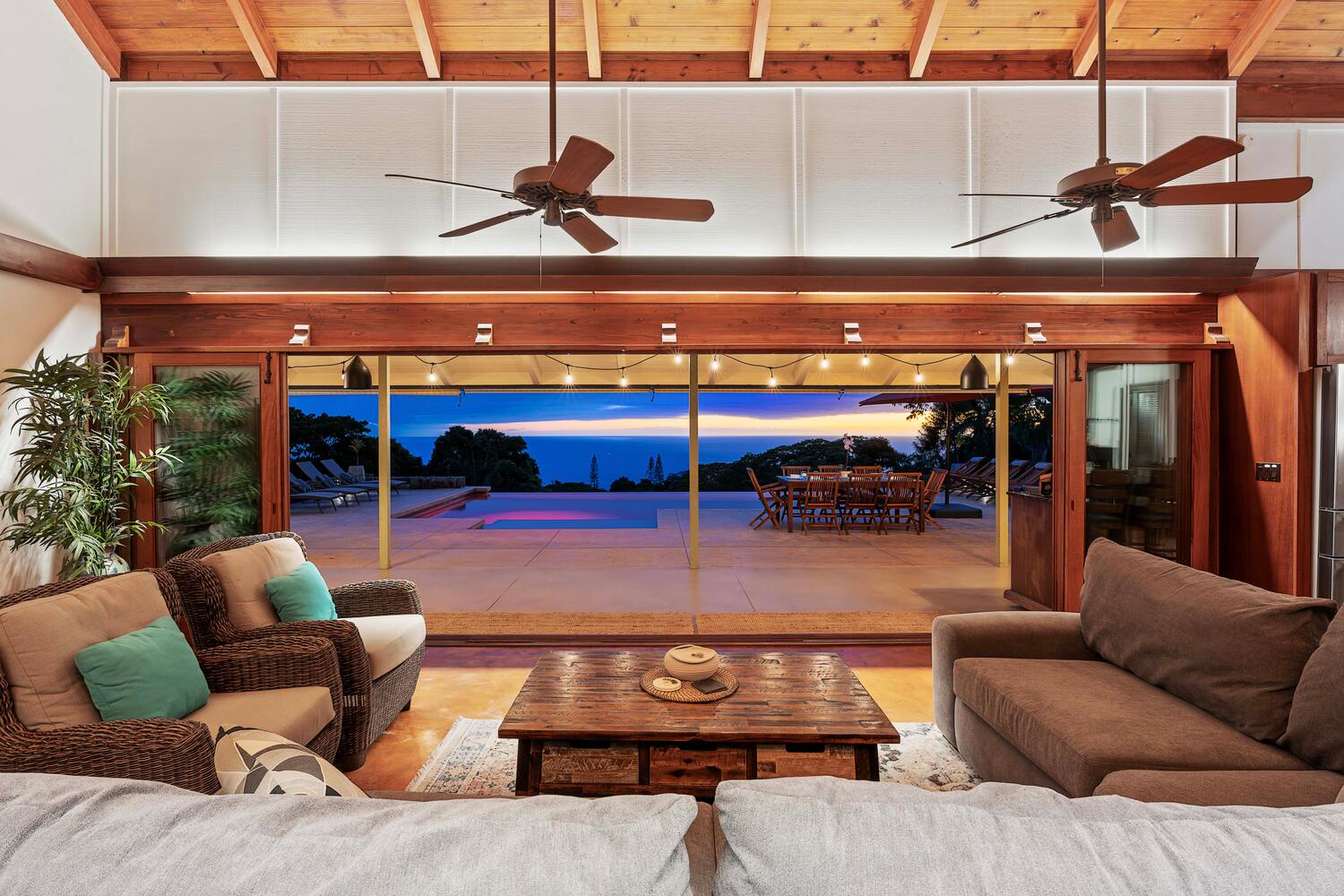 Kailua-Kona Vacation Rentals, Hale Joli - Relax indoors with a stunning view of the pool and evening sky.