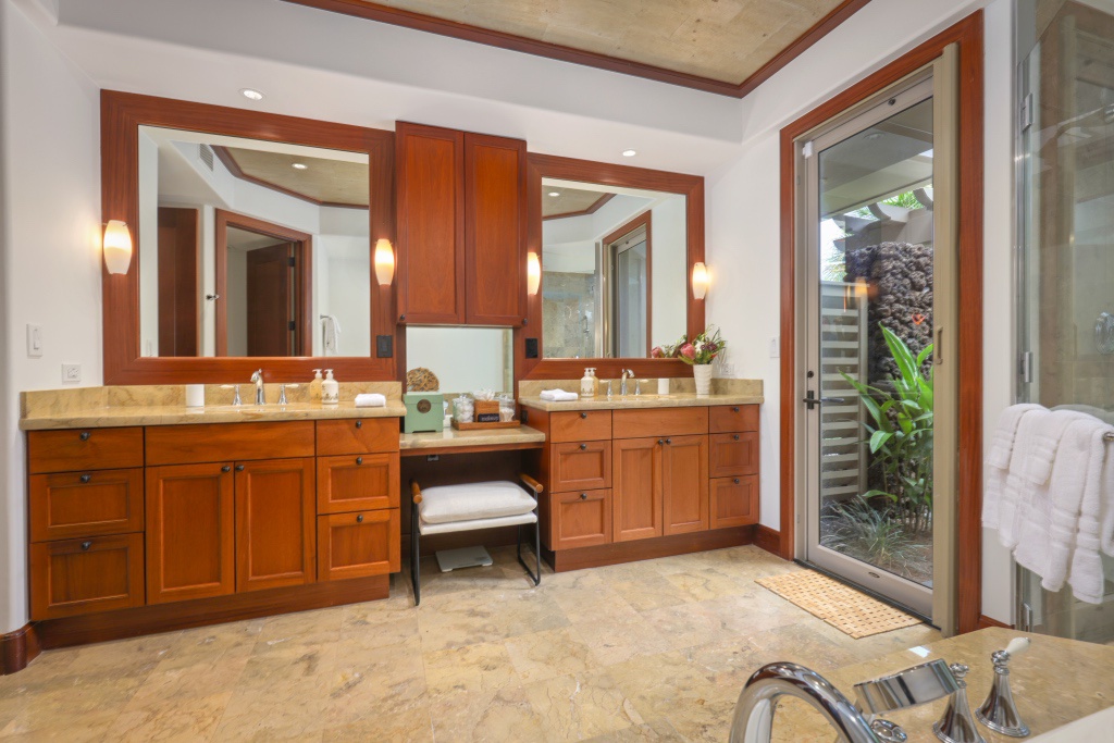 Kailua Kona Vacation Rentals, 3BD Ke Alaula Villa (217C) at Hualalai Resort - Dual vanities in the primary bath, with access to outdoor shower.