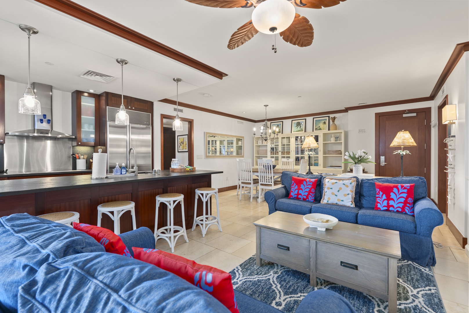 The kitchen opens straight onto the living room, so the cook never misses the conversation.