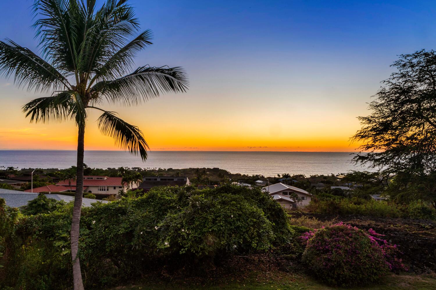 Kailua Kona Vacation Rentals, Ho'okipa Hale - Golden hour through the palms—sunset serenity from your private garden retreat.