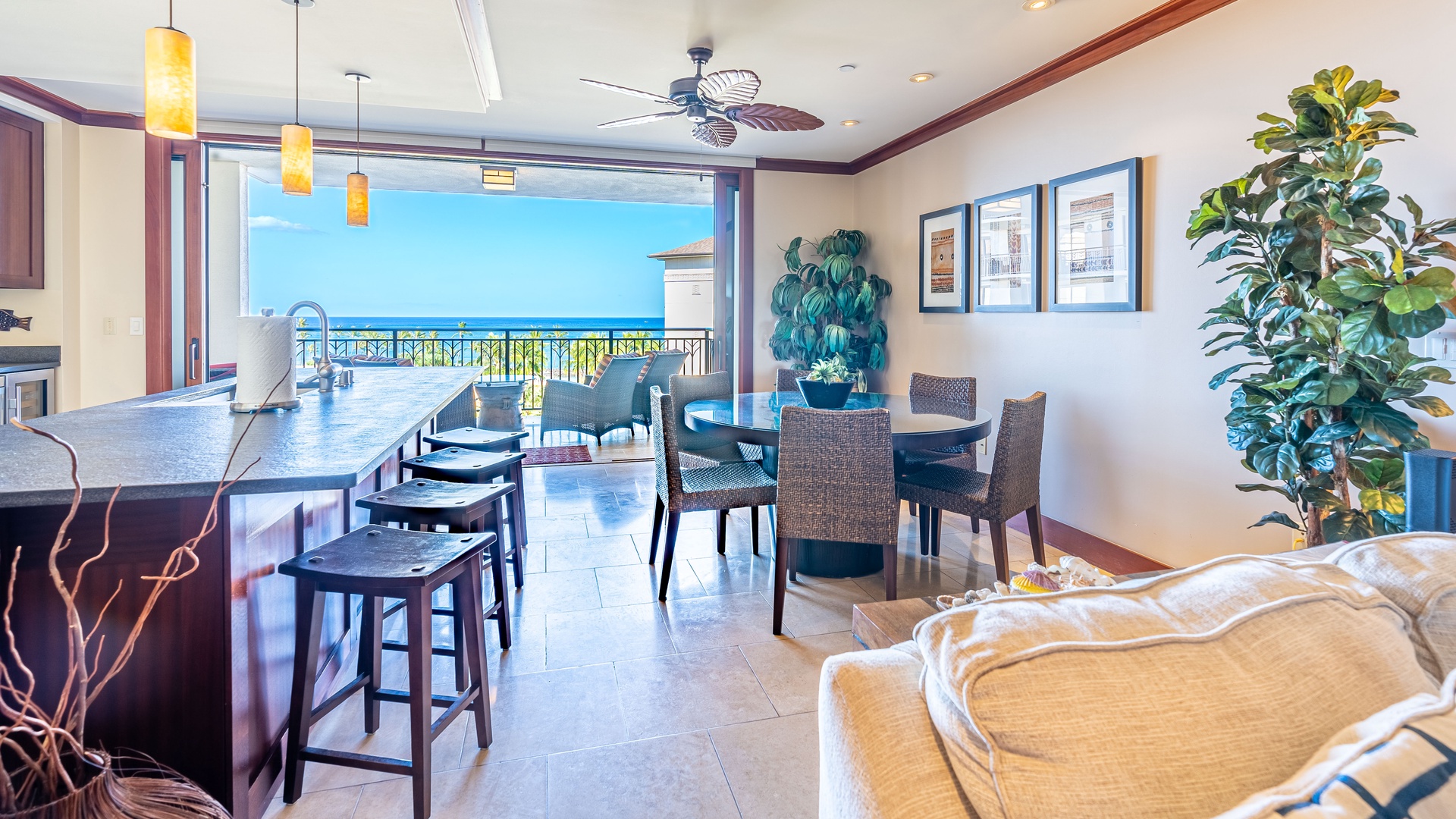 Kapolei Vacation Rentals, Ko Olina Beach Villas O704 - Enjoy movie night in the living area or game night in the dining area.
