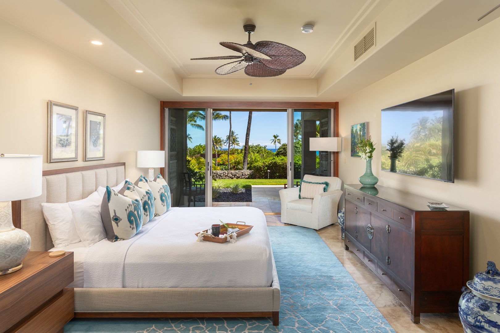 Kailua Kona Vacation Rentals, 2BD Hillside Villa (4102) at Hualalai Resort - Primary suite with ocean-view windows and private lanai access.