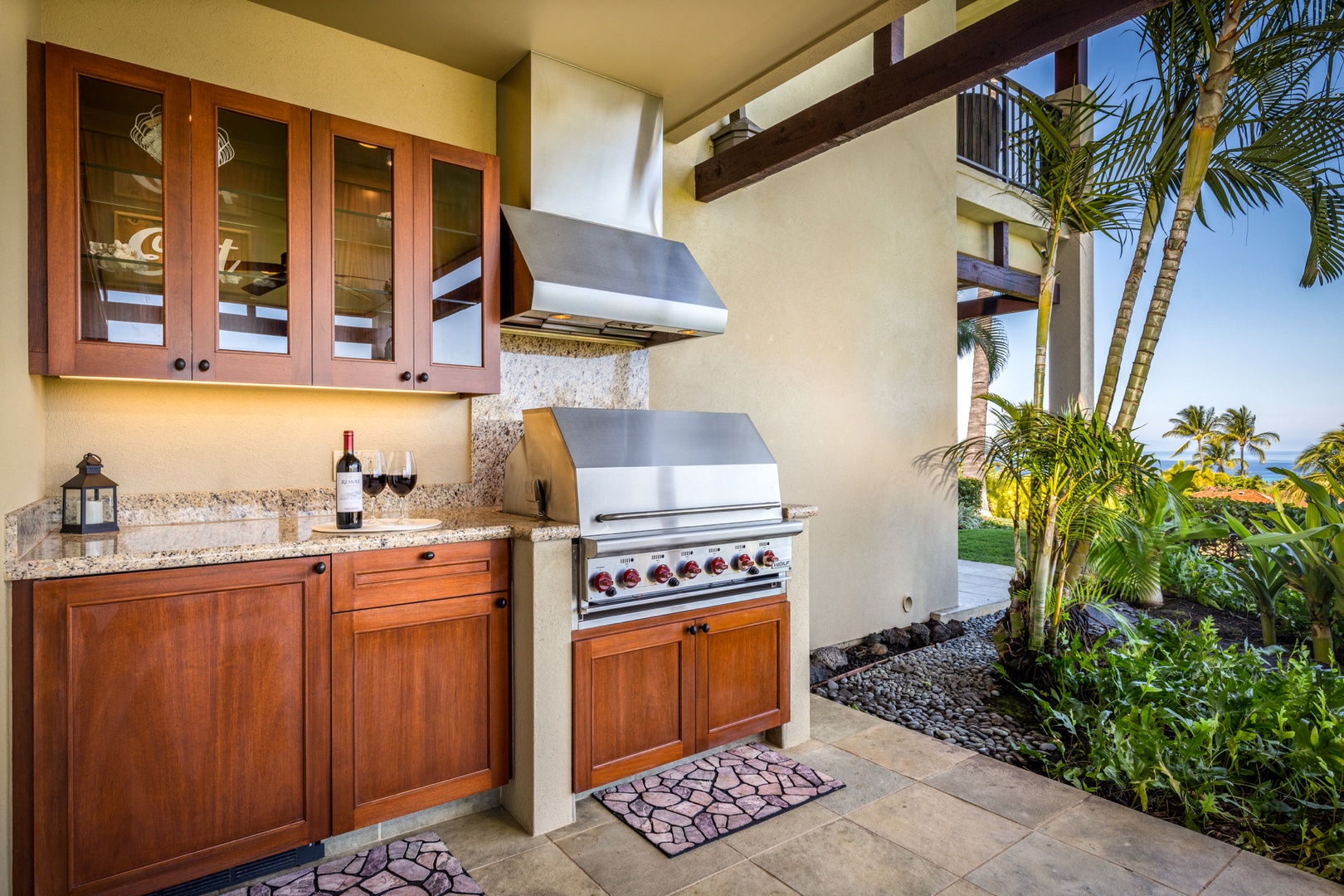 Kailua Kona Vacation Rentals, 3BD Hainoa Villa (2907C) at Hualalai Resort - Close up of BBQ grill area showcasing wet bar, prep area, and outdoor mini-fridge.