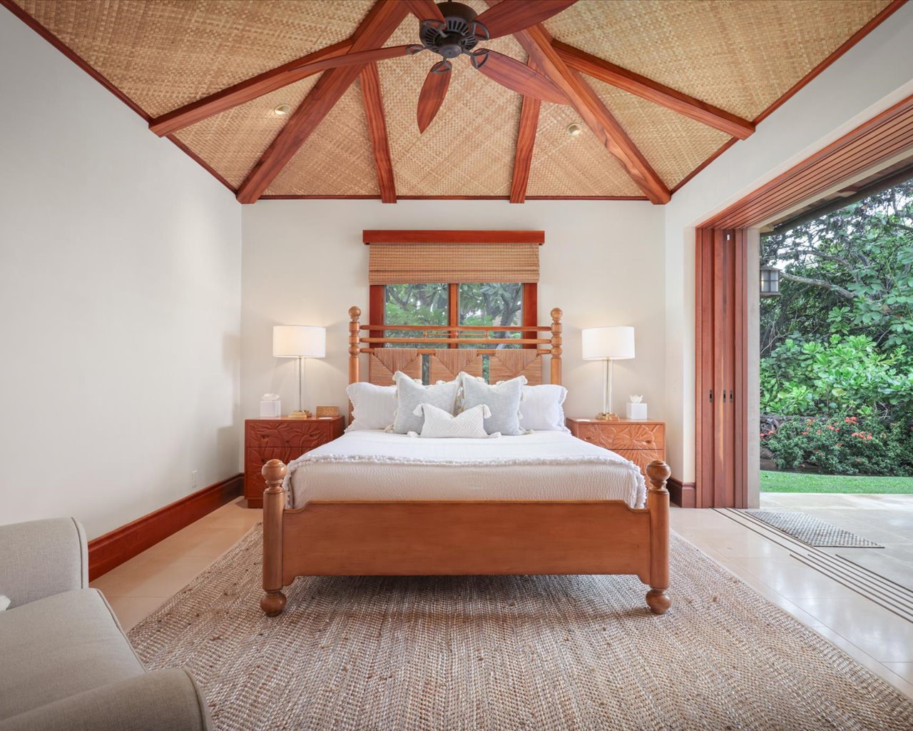 Kailua Kona Vacation Rentals, 3BD Pakui Street (131) Estate Home at Four Seasons Resort at Hualalai - Third bedroom with a king bed, twin pull-out bed, furnished lanai, smart TV, & en suite bath