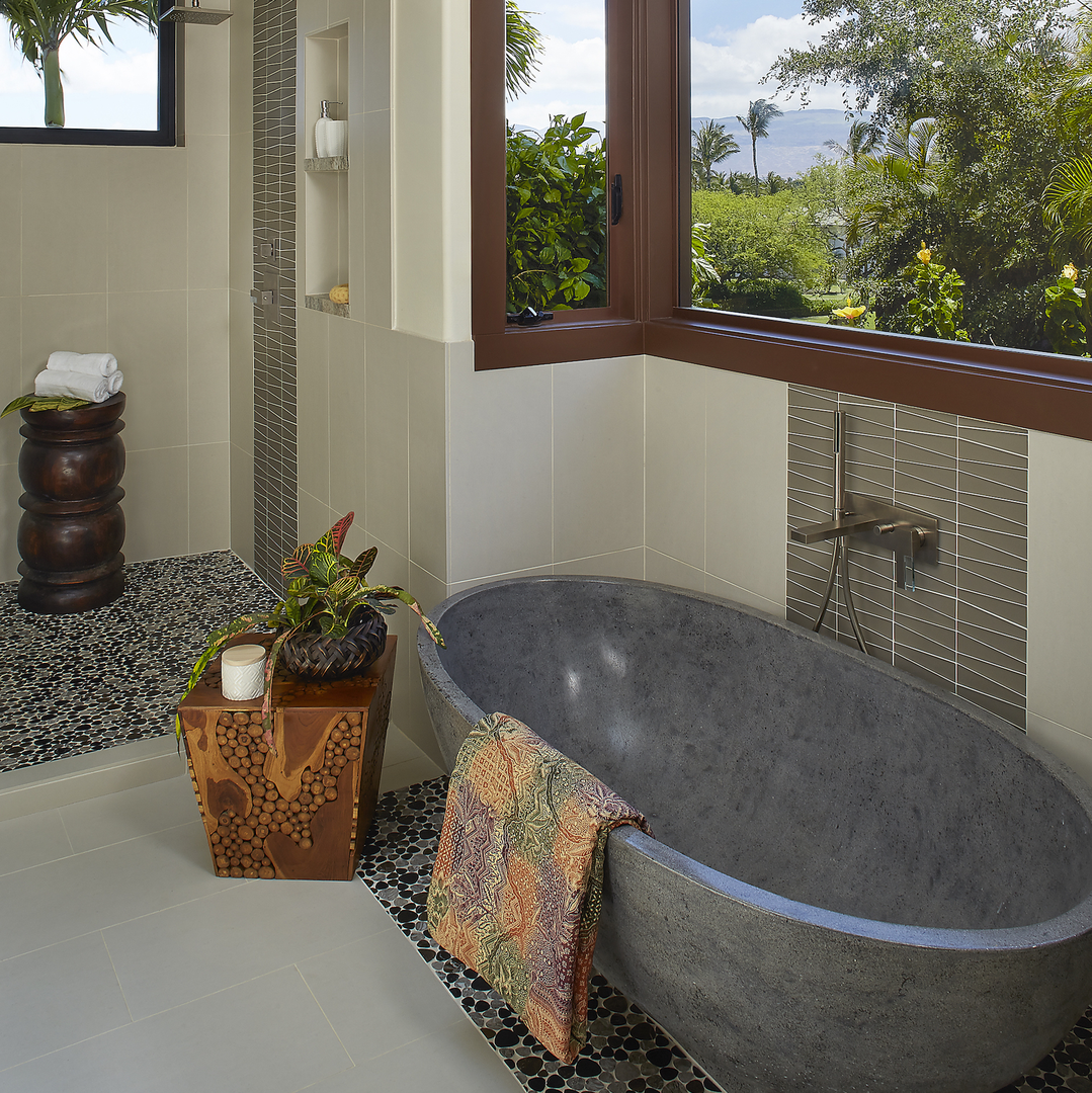 Kamuela Vacation Rentals, 4BD Champion Ridge (CR10) Estate Home at Mauna Lani Resort - Decadent stone soaking tub with gorgeous natural light and full privacy.