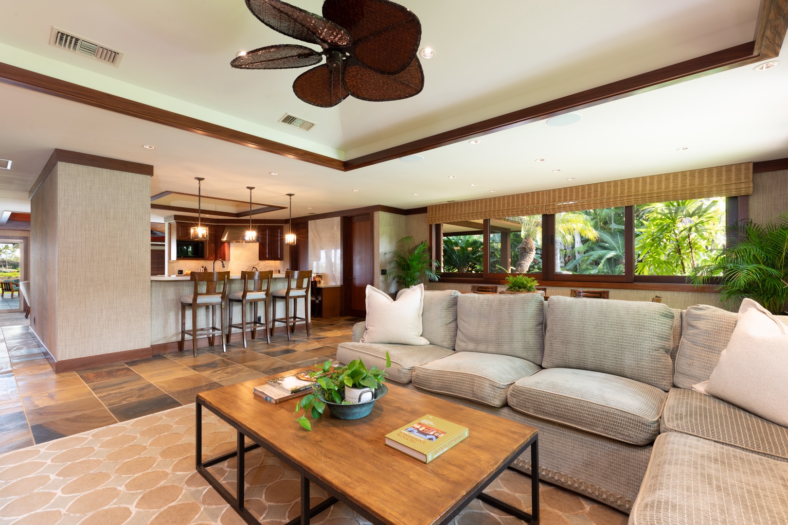 Kailua Kona Vacation Rentals, 5BD Ke Alaula Estate (144) at Hualalai Resort - Open-concept living room with garden views and comfortable, upscale seating.