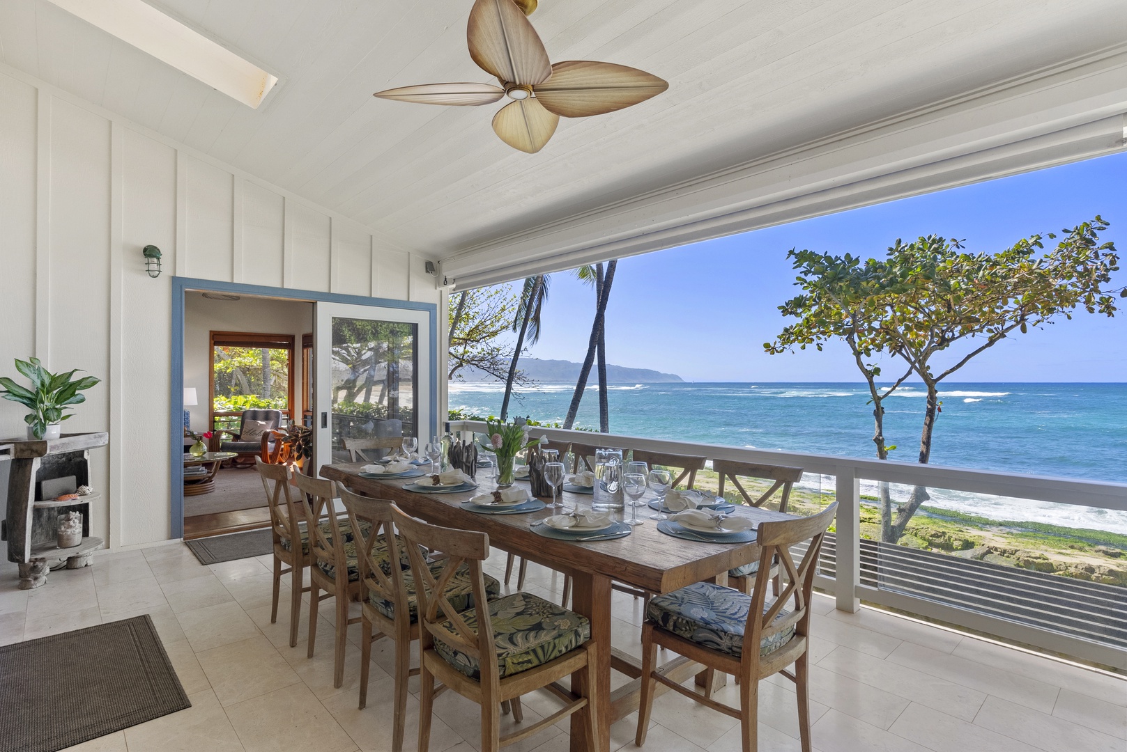 Haleiwa Vacation Rentals, Maluhia Beach House - Enjoy oceanfront dining for ten on the lanai, with breathtaking views and fresh sea breezes.