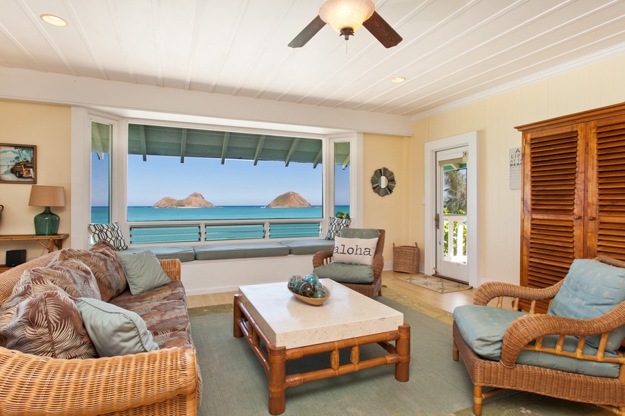 Kailua Vacation Rentals, Lanikai Village* - Hale Kainalu: Take in the ocean views from this comfortable living space.