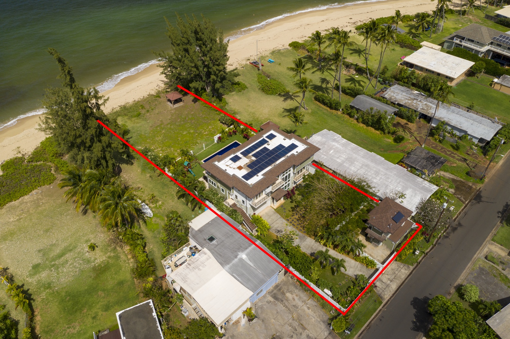 Waialua Vacation Rentals, Waialua Beachfront Estate - Aerial view showing the walk to the beach