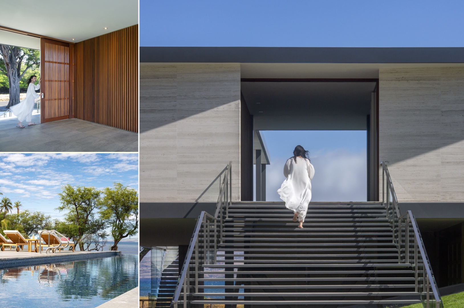 Kamuela Vacation Rentals, Puako’s Ocean Edge Modern Estate - Capturing serenity in motion, from a peaceful poolside to a breezy architectural corridor.