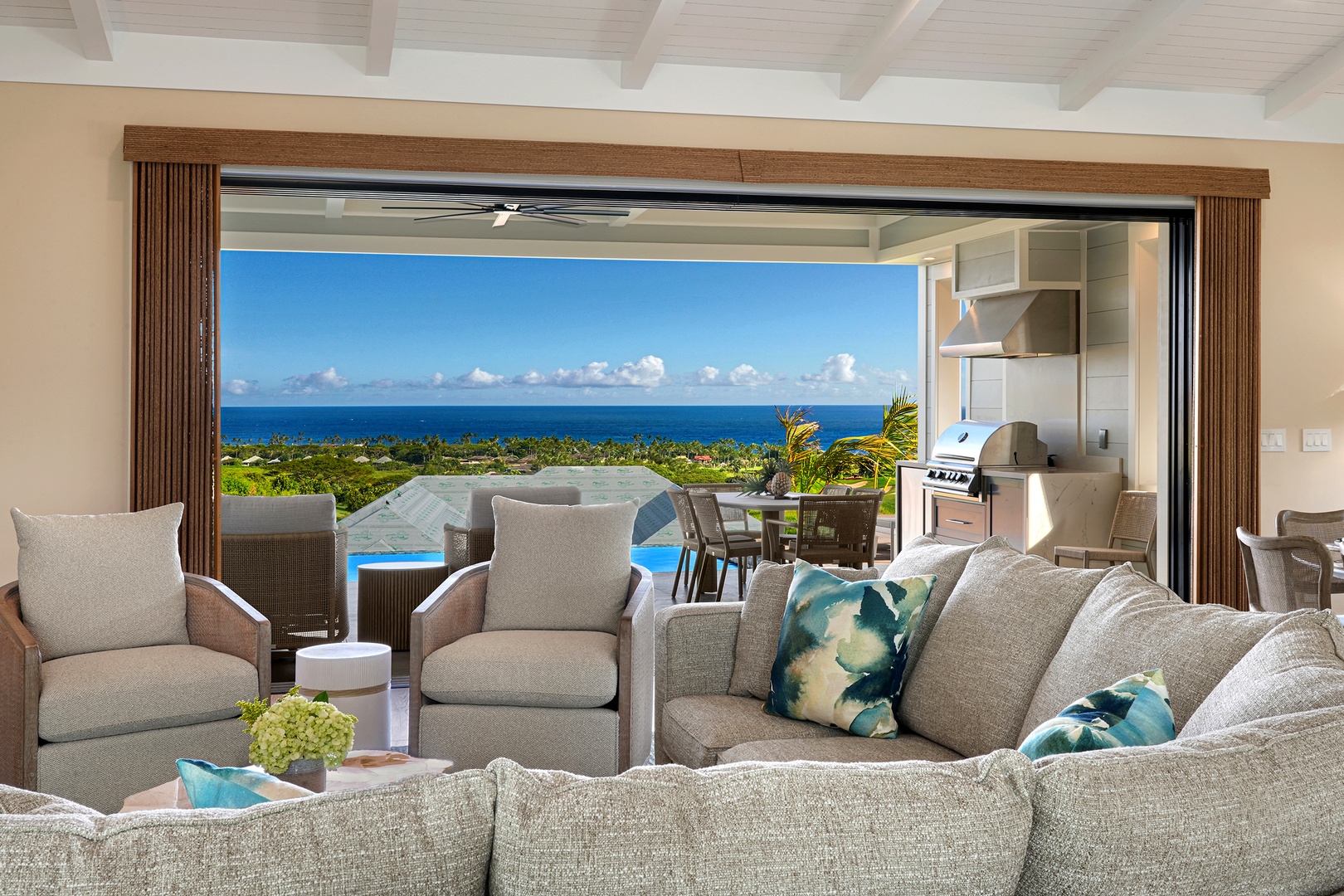 Koloa Vacation Rentals, Hali'a Mai - Folding glass disappears and the great room becomes part of the view to the water.
