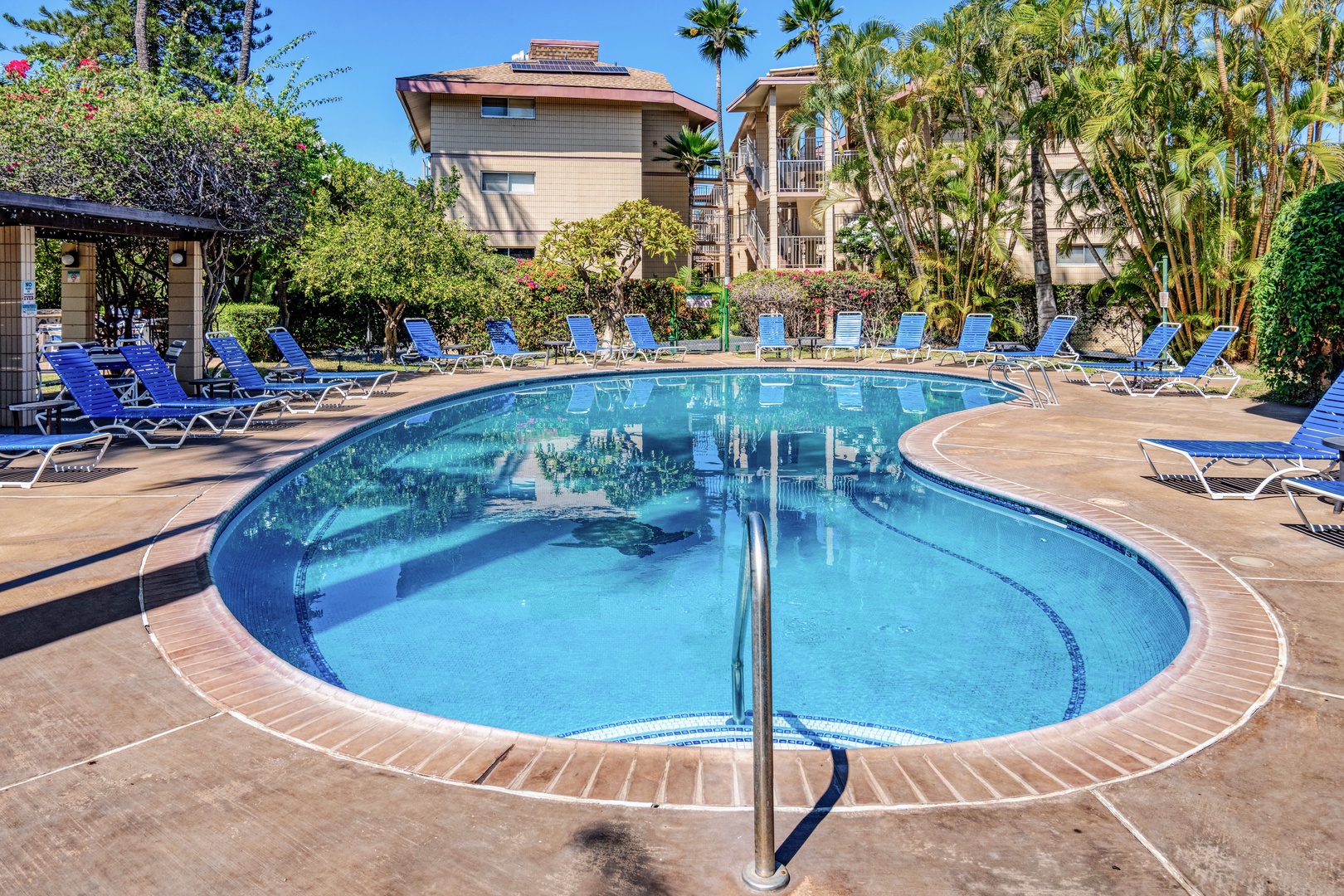 Kihei Vacation Rentals, Haleakala Shores A206 - A handrail eases you into the shallow end, where the pool's still water mirrors the palms overhead.