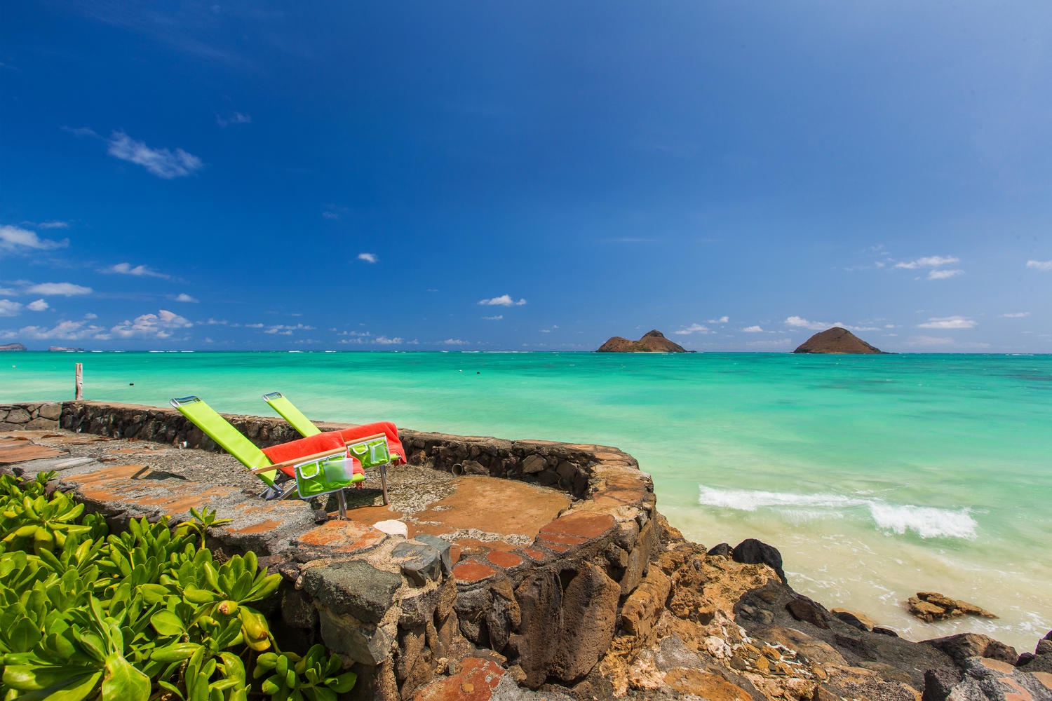 Kailua Vacation Rentals, Lanikai Oceanside 4 Bedroom - Set your beach chairs on the oceanfront seal wall and watch the tides come and go.