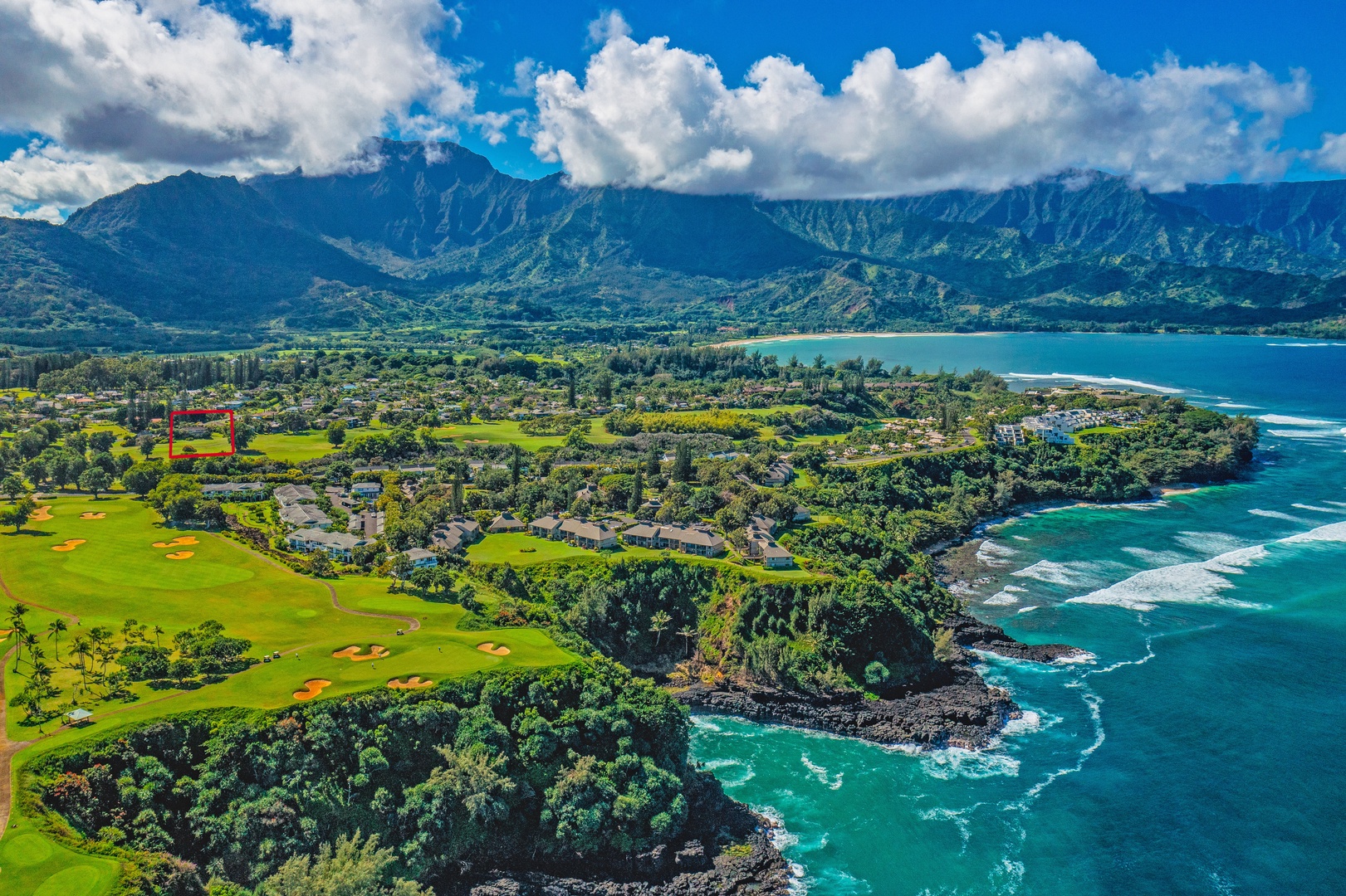Princeville Vacation Rentals, Ohana Kamalani - Aerial view of Princeville and the North Shore coastline, showcasing the home’s unbeatable location.