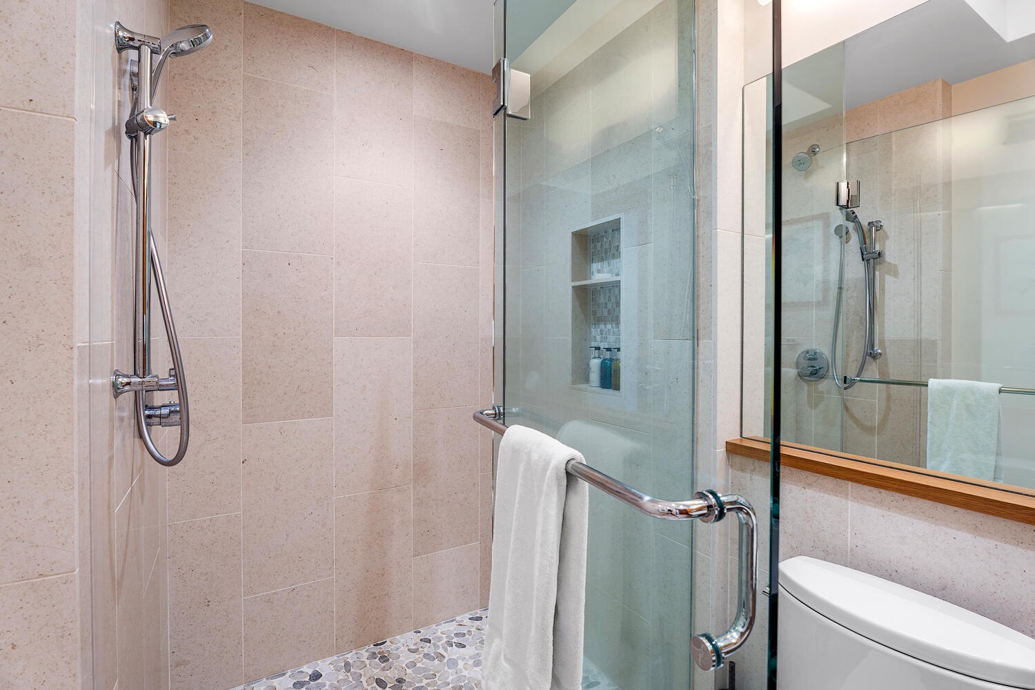 Kamuela Vacation Rentals, Laule'a Ohana Retreat - Walk-in shower with rainfall head and clean tile finishes at Laule'a #14.