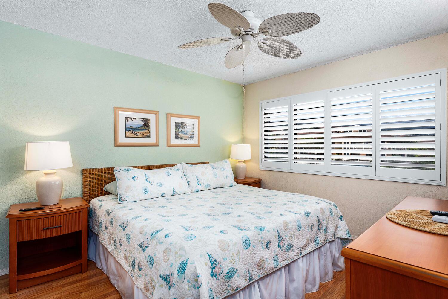 Kailua Kona Vacation Rentals, Kona Reef F11 - Bedroom has Views of Hualalai Mountain through Plantation Shutters.