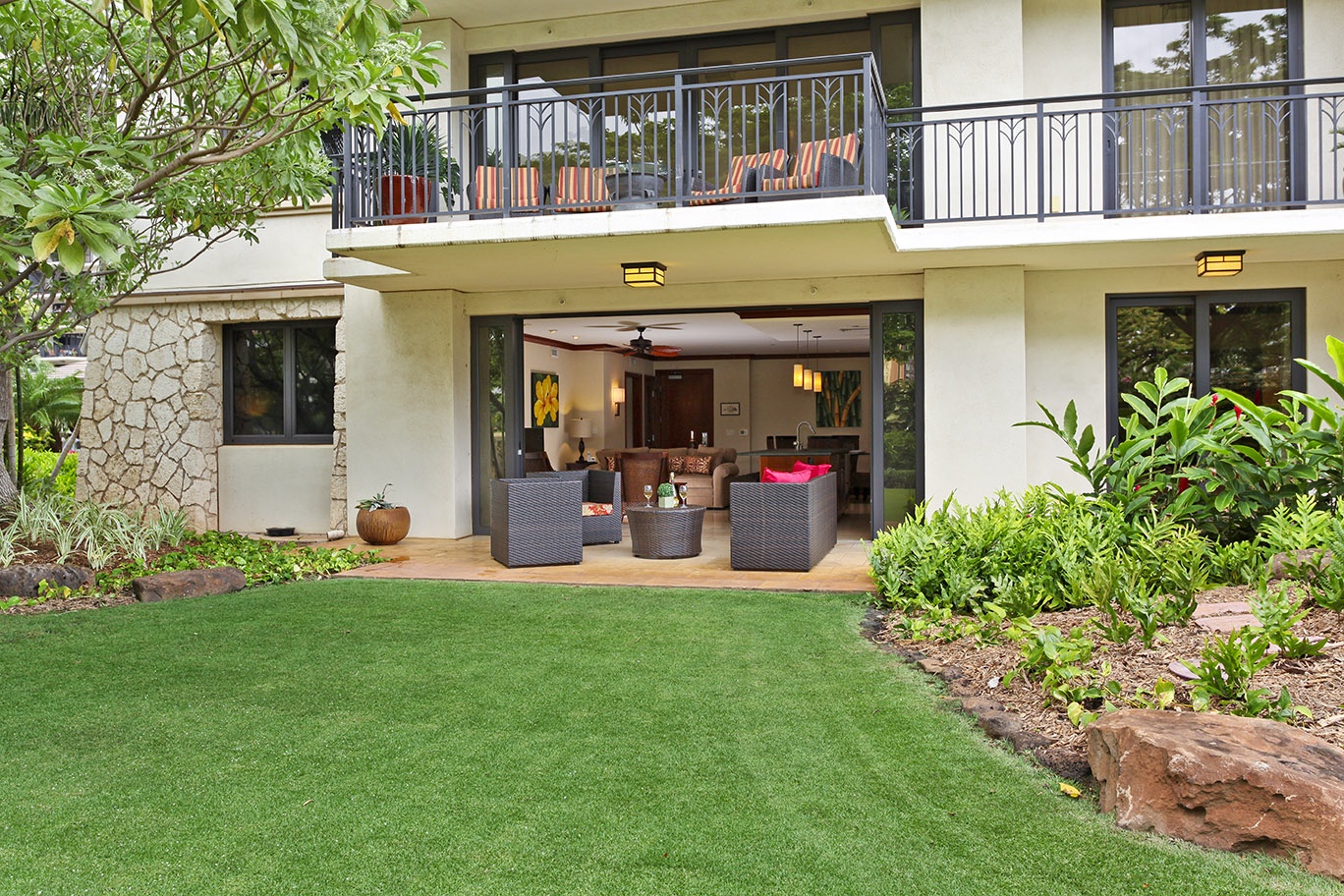 Kapolei Vacation Rentals, Ko Olina Beach Villas B102 - Outside the lanai of this vacation rental in Ko Olina.