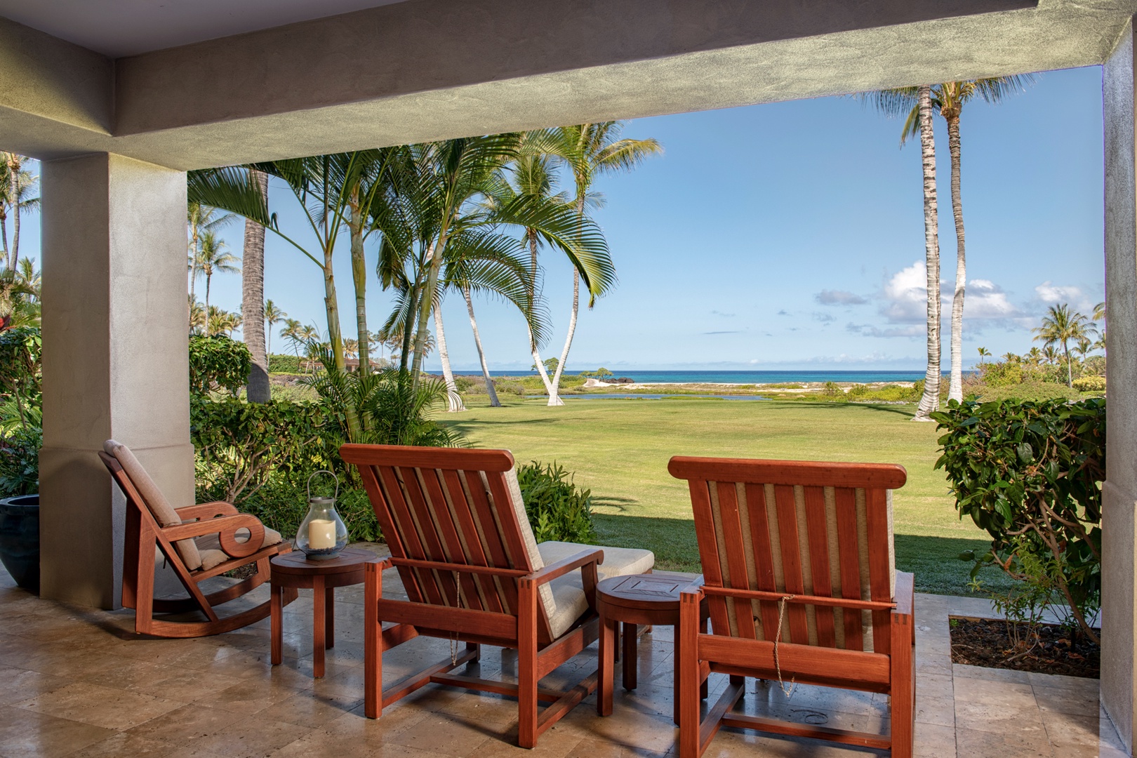 Kailua Kona Vacation Rentals, 3BD Golf Villa (3101) at Four Seasons Resort at Hualalai - Closer view of lanai loungers with ocean views.