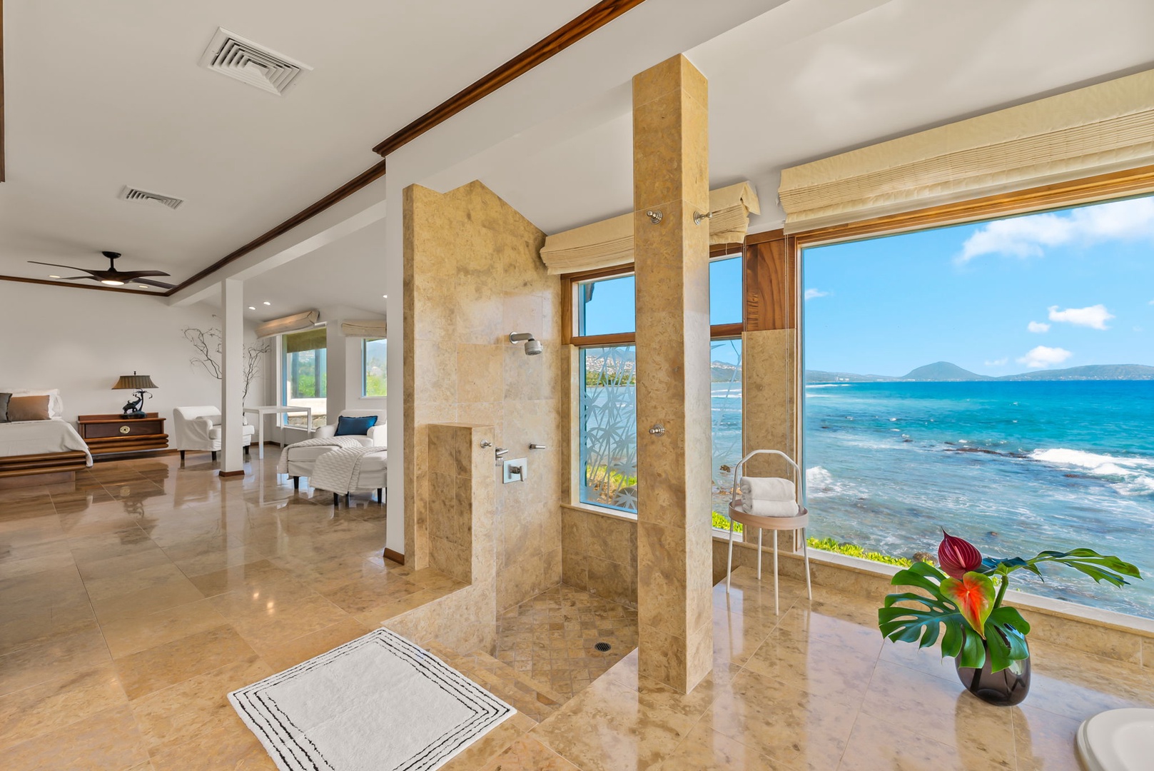Honolulu Vacation Rentals, Black Point Ocean Villa - Step into your luxurious oceanfront sanctuary with an open-concept shower overlooking pristine turquoise waters and distant islands.