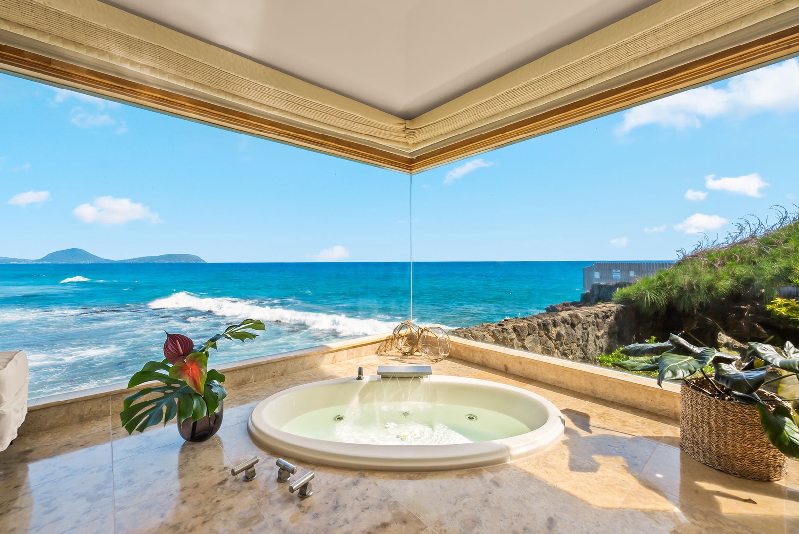 Honolulu Vacation Rentals, Black Point Ocean Villa - Unwind in your private oceanfront jetted tub while watching waves crash against the shore through panoramic windows.