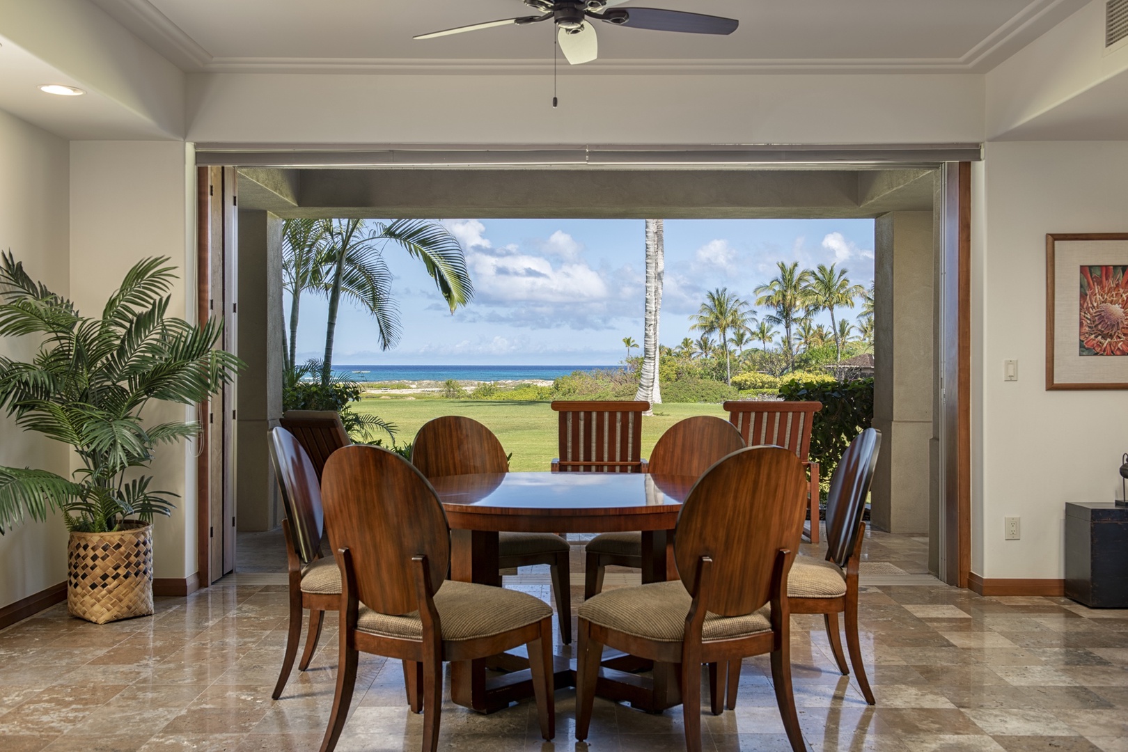 Kailua Kona Vacation Rentals, 3BD Golf Villa (3101) at Hualalai Resort - Elegant breakfast table with ocean views.