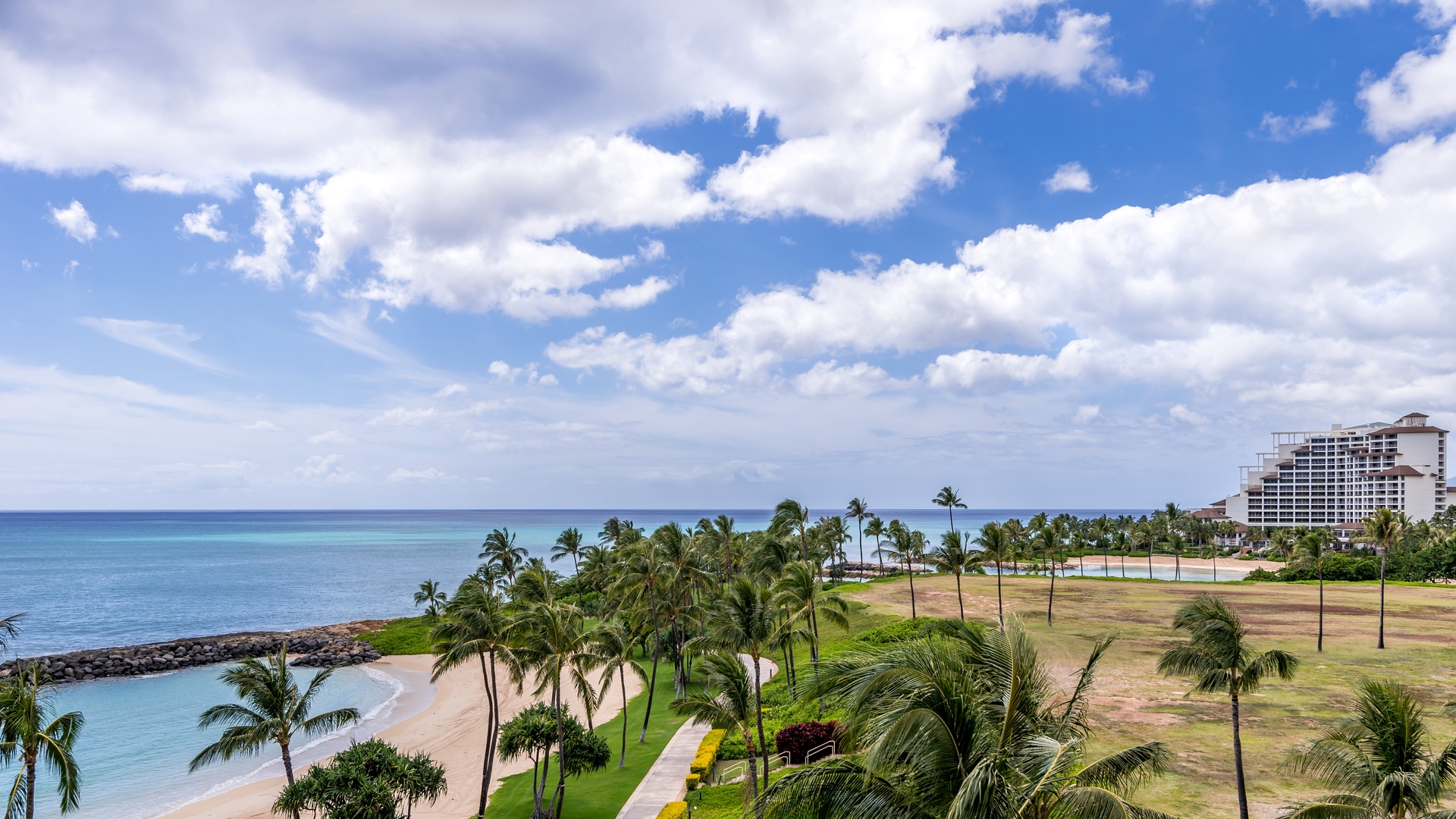 Kapolei Vacation Rentals, Ko Olina Beach Villas B608 - The lagoon and beach as seen from the room's lanai.