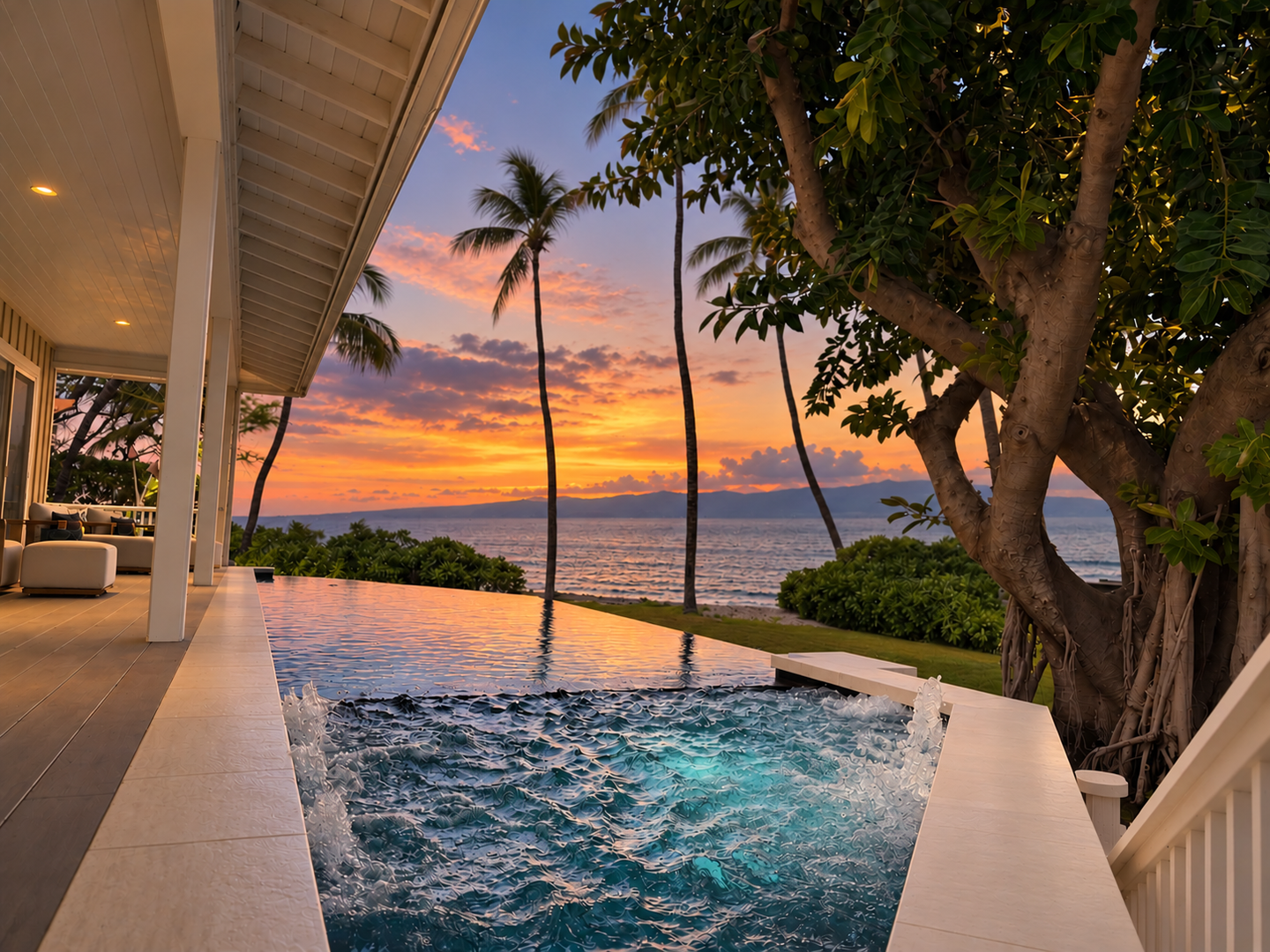 Kamuela Vacation Rentals, 4BD Estate Home at Puako Bay (74) - The infinity pool holds the whole sky at sunset, palms going dark against the color.