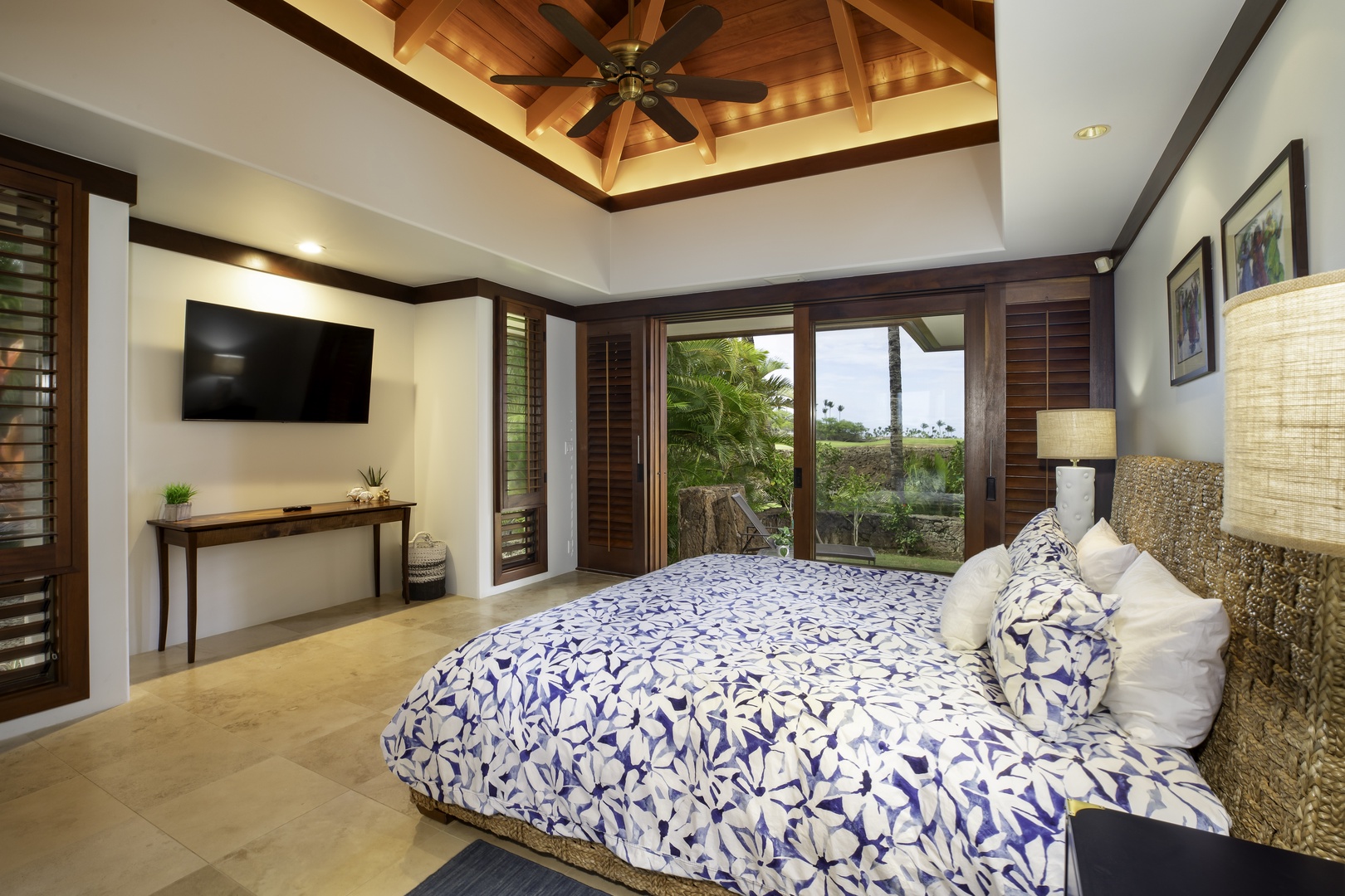 Kamuela Vacation Rentals, Champion Ridge 7 - Sink into tropical luxury with rich wood beams, ceiling fan, and garden views through sliding doors.