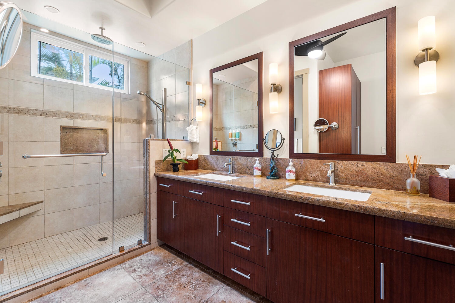 Kailua Kona Vacation Rentals, Kailani Vista - Travertine tile, rainfall glass shower, and twin sinks mean no one has to wait before the dinner reservation downtown.