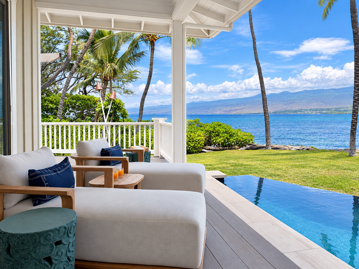 Kamuela Vacation Rentals, 4BD Estate Home at Puako Bay (74) - The pool-edge lounge looks straight down the coastline, lawn running out past the deck.