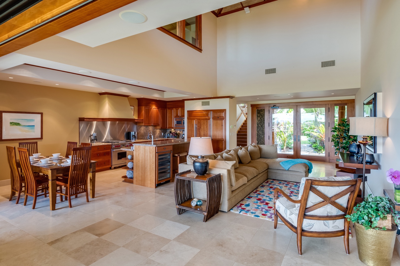 Kamuela Vacation Rentals, 3BD Ke Kailani (1C) at Mauna Lani Resort - Alternate Angle of Living Room, Dining Area and Gourmet Kitchen