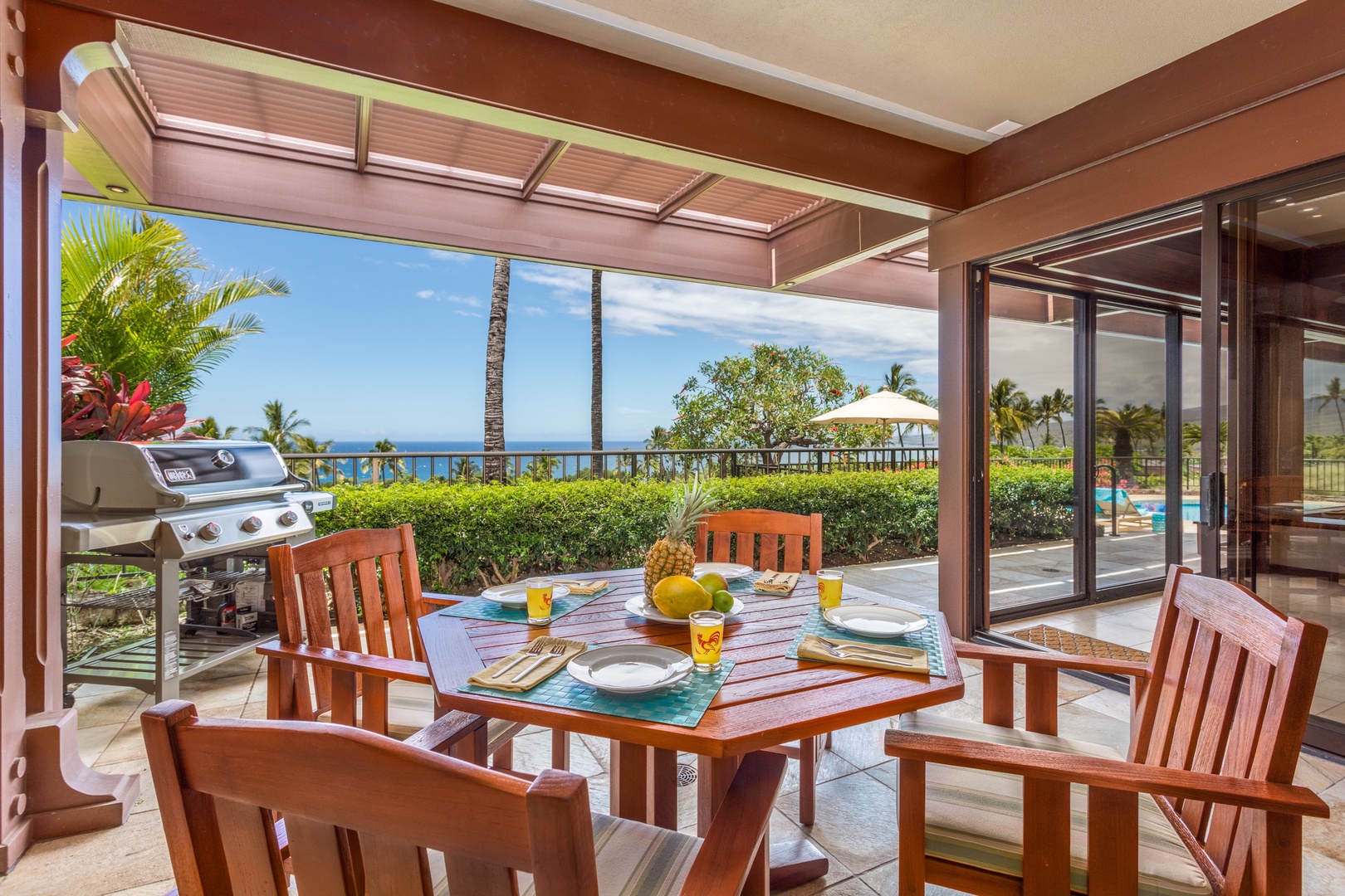Kamuela Vacation Rentals, 4BD Villas (21) at Mauna Kea Resort - Outdoor Breakfast Table on Upper Deck w/Large BBQ Grill.