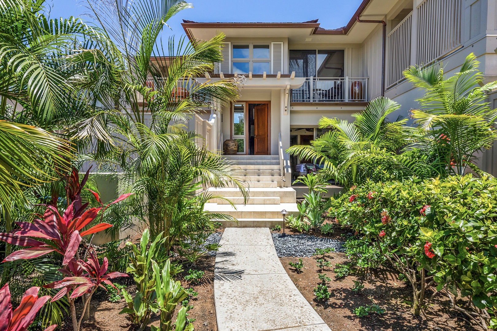 Kailua Kona Vacation Rentals, 3BD Ka'Ulu Villa (131C) at Hualalai Resort - Entryway to front of townhome with tropical landscaping.