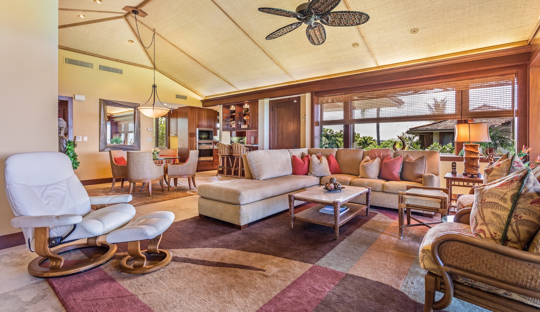 Kailua Kona Vacation Rentals, 2BD Hainoa Villa (2907B) at Four Seasons Resort at Hualalai - Open Floor Plan Great Room w/Living Area, Dining Area & Kitchen in Background.