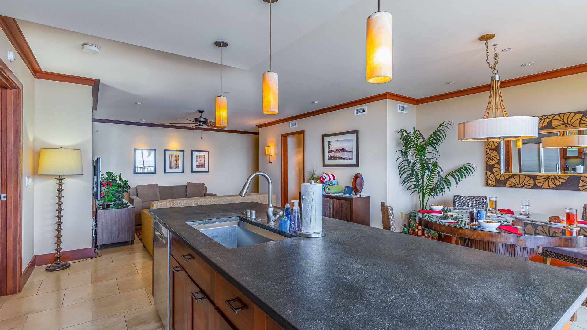 Kapolei Vacation Rentals, Ko Olina Beach Villas B310 - The open floor plan includes kitchen, dining and living areas with natural lighting.