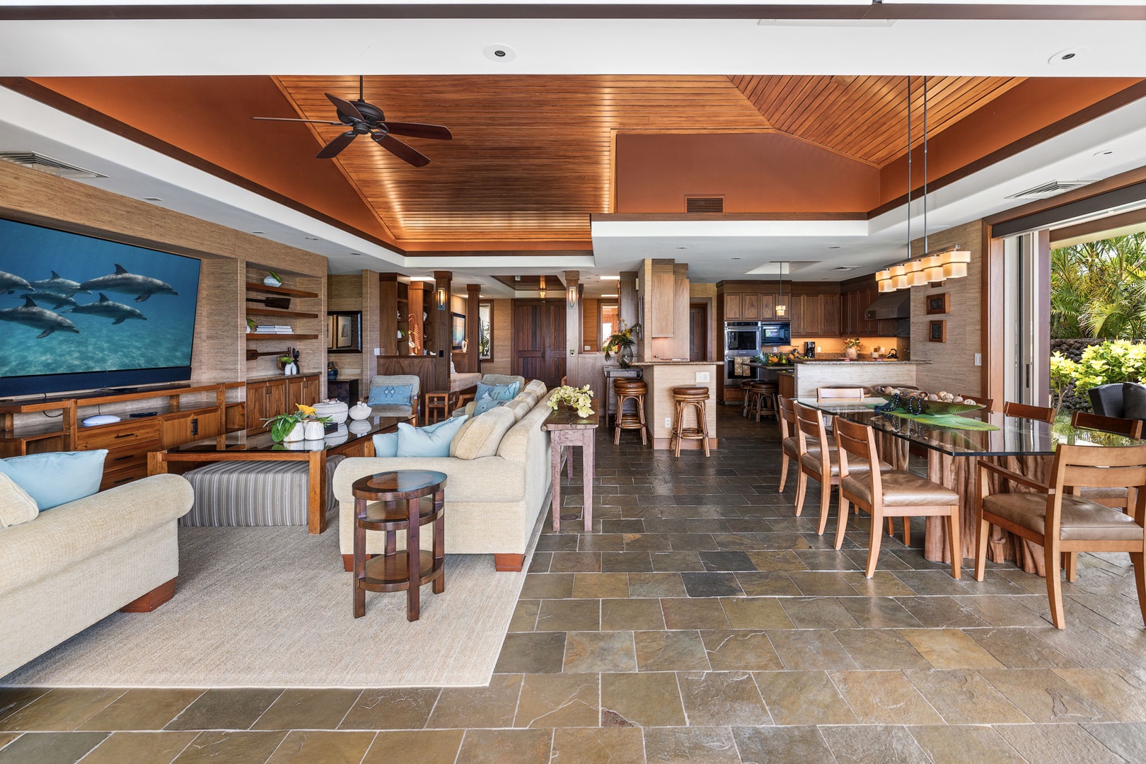 Kailua Kona Vacation Rentals, 3BD Pakui Street Estate (149) at Hualalai Resort - Living, dining, and kitchen open into one another under a single koa ceiling.