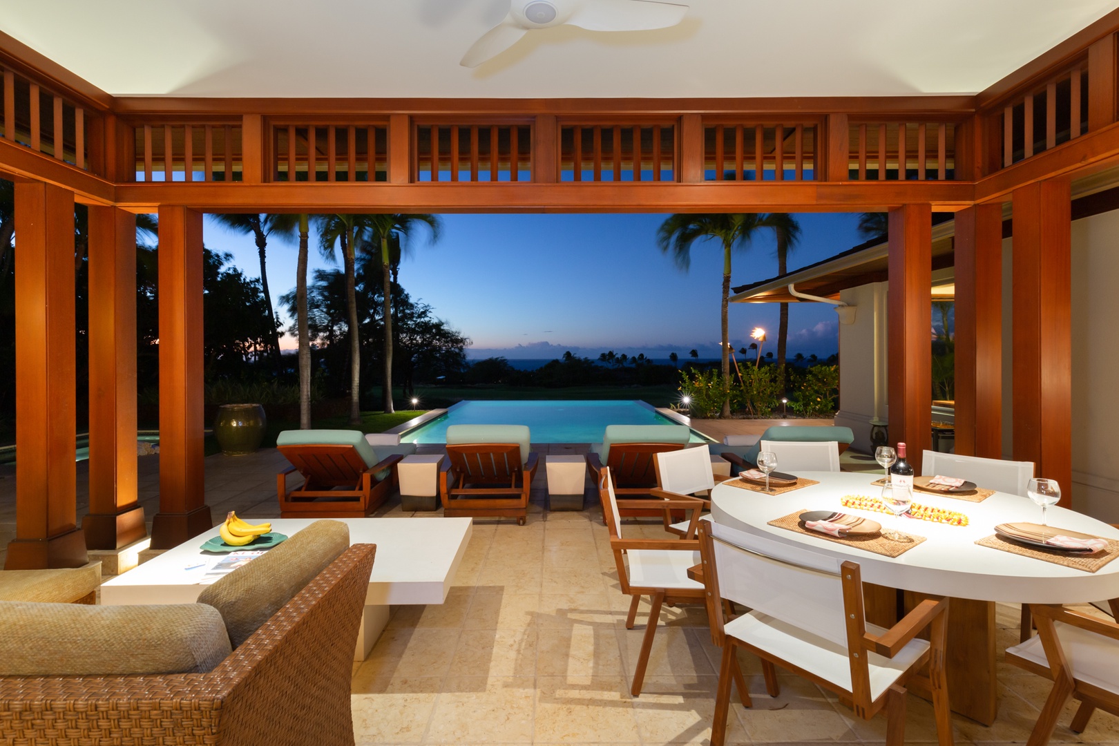Kailua Kona Vacation Rentals, 4BD Hainoa Estate (102) at Four Seasons Resort at Hualalai - View of the main lanai at twilight