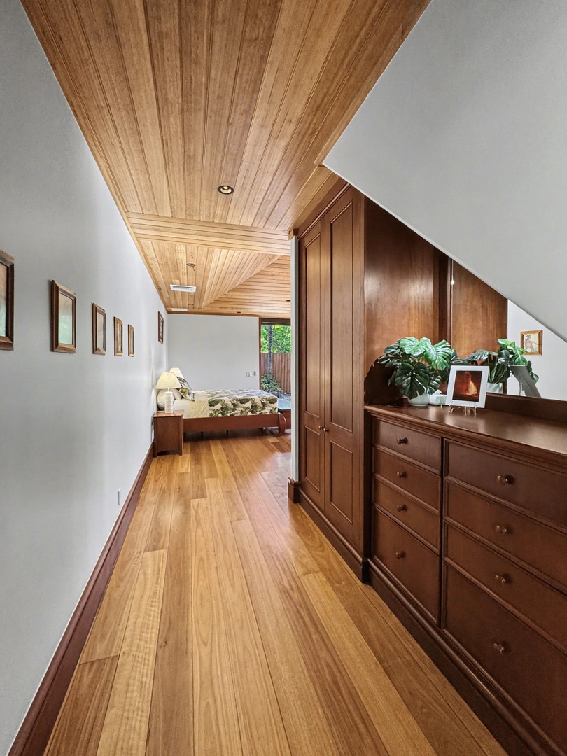 Kailua-Kona Vacation Rentals, Hahalua Bay Villa - Walk through your private hallway with beautiful wood ceilings and built-in storage, leading to cozy sleeping area.