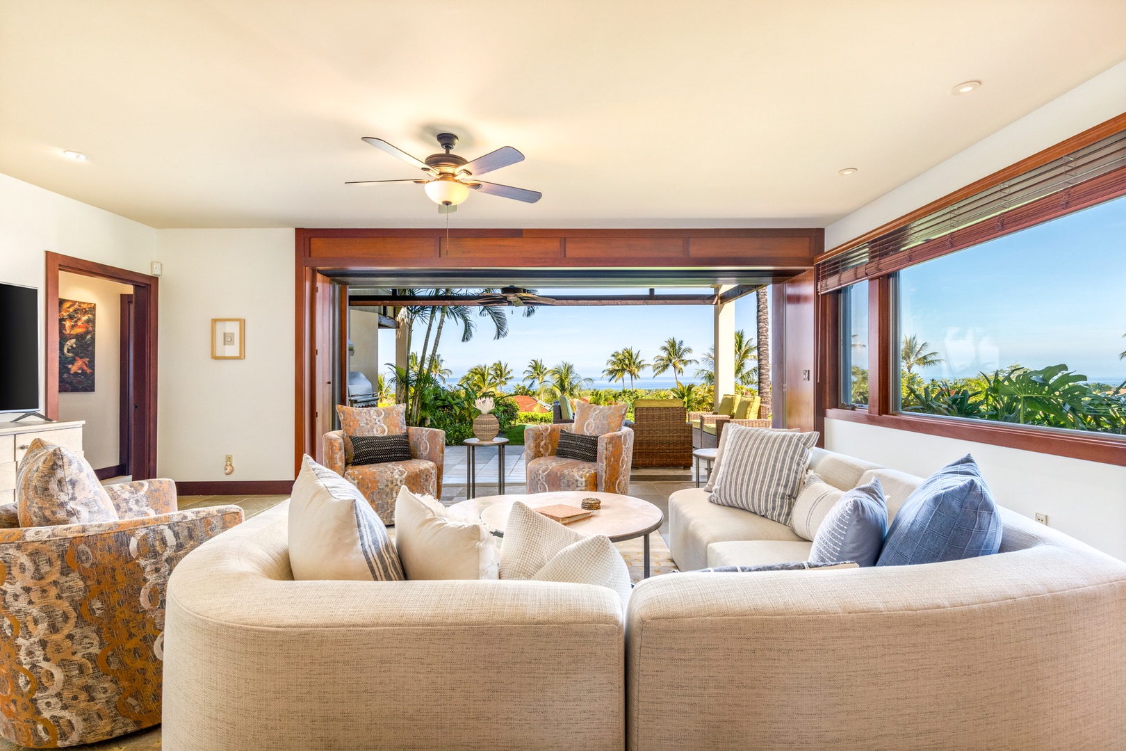 Kailua Kona Vacation Rentals, 3BD Hainoa Villa (2907C) at Four Seasons Resort at Hualalai - Lounge in luxury! Elegant interior design and chic plush seating in the living room.