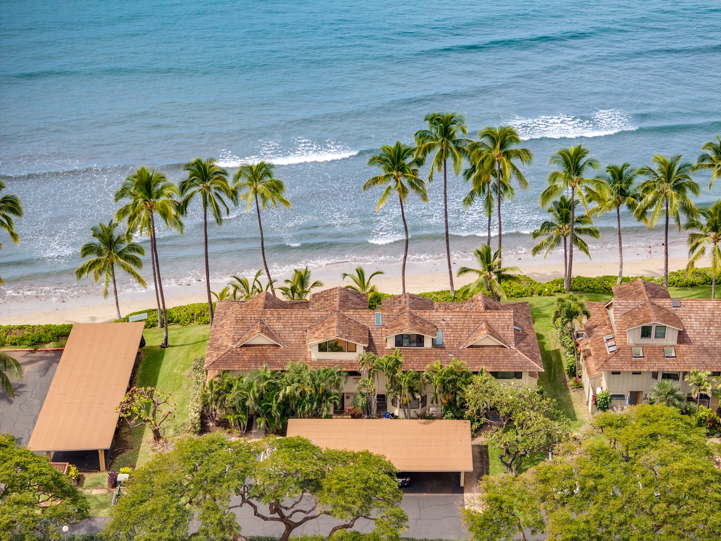 Lahaina Vacation Rentals, Puamana 254-2 - An aerial view of Puamana 254-2 highlights its prime location, just steps from the ocean.