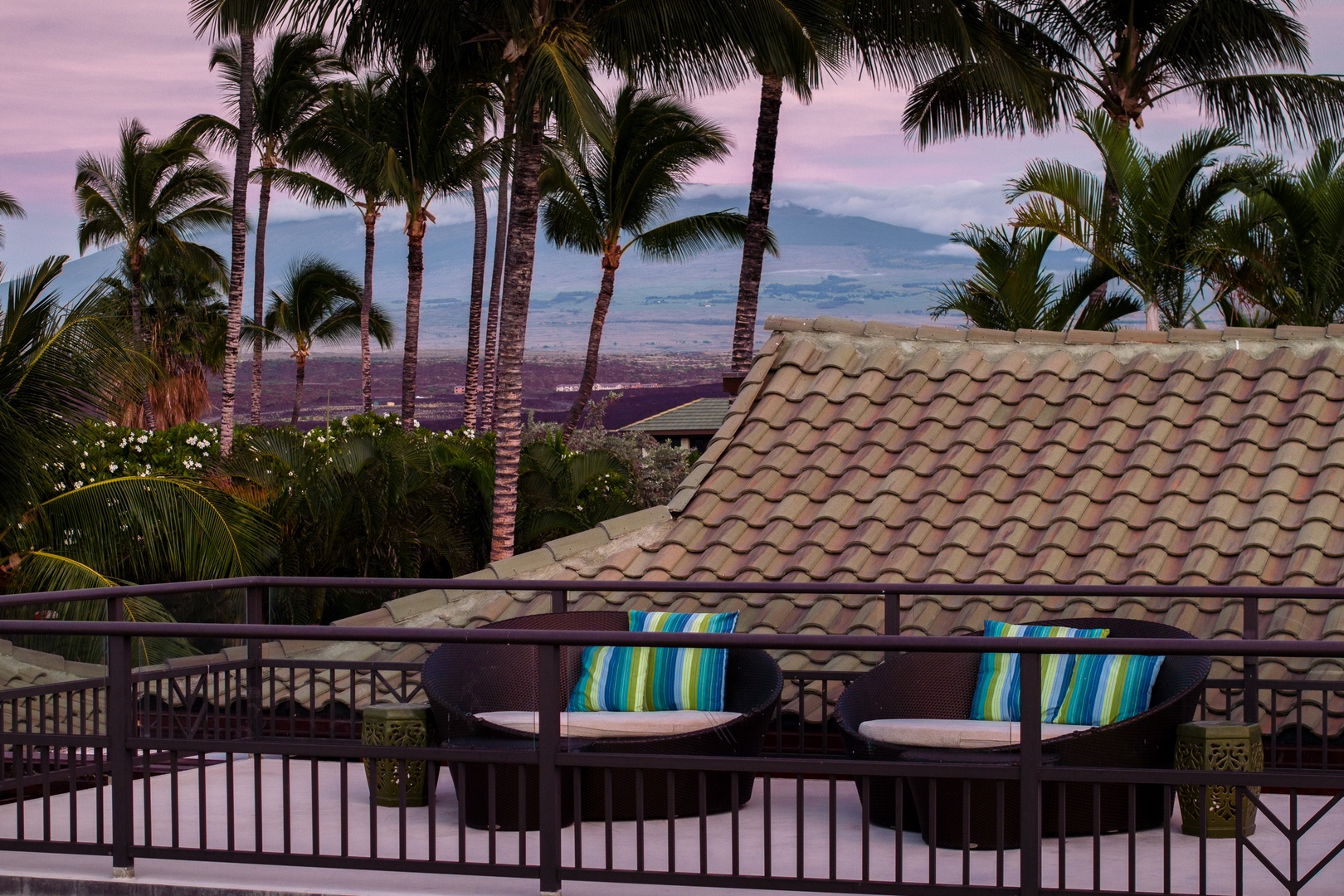 Kamuela Vacation Rentals, Beach Walker at Champion Ridge - Relax on the rooftop seating and take in the stunning sunset views over the landscape.