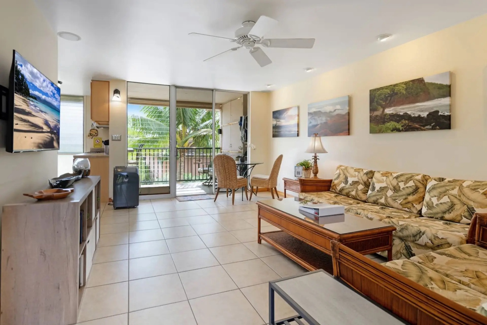 Kihei Vacation Rentals, Kalama Terrace P302 - Claim the couch and you can still see the lanai table through the open slider.